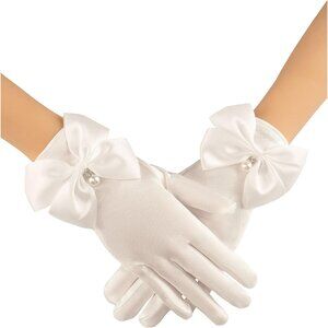 Women's White Pearls Bow Short Satin Gloves Opera Wedding Party Tea Prom